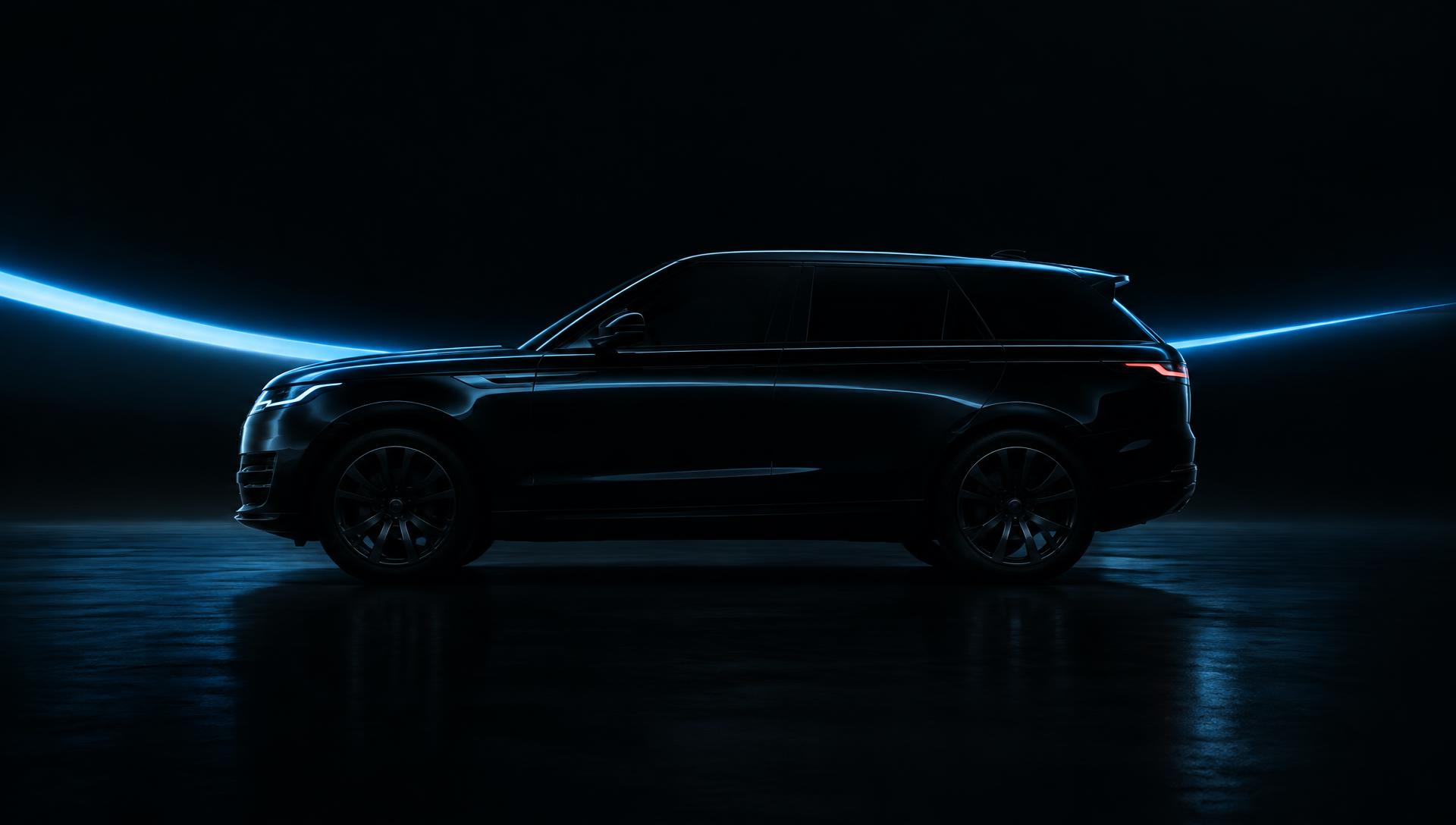 Black luxury SUV lit by a sweeping blue light in a dark studio
