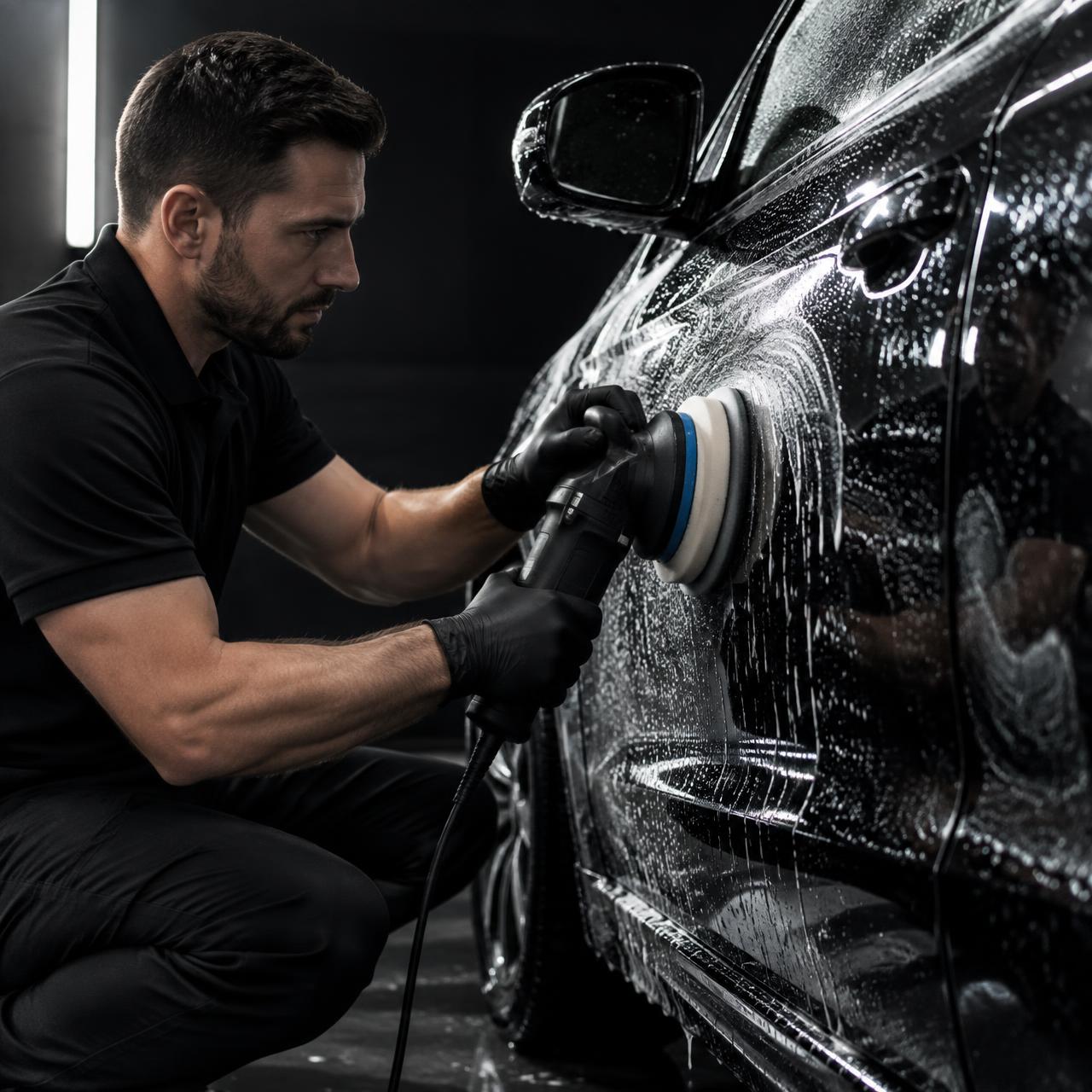 Detailer machine-polishing a vehicle door panel