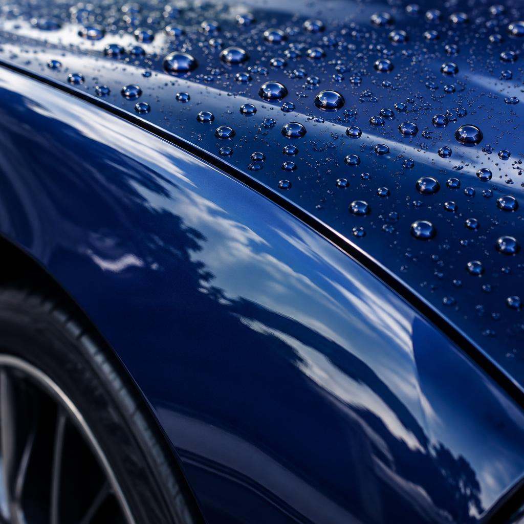 Flawless deep blue paint finish with water beading